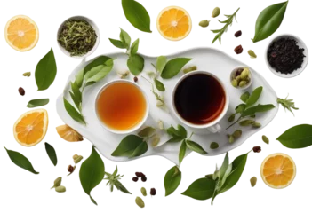 Foto op Plexiglas Creative layout made of cup of tea green tea black tea fruit and herbal tea on white background Flat © ArtisticLens