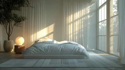 A pristine bedroom featuring a perfectly made bed, minimal decor, and soft, diffused light creating...