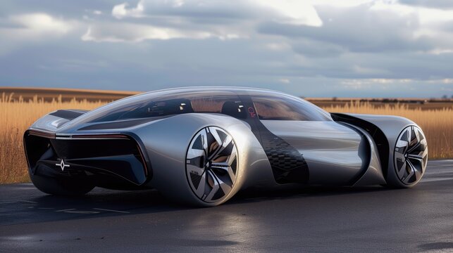 A Futuristic Car Is Driving Down A Road Next To A Field