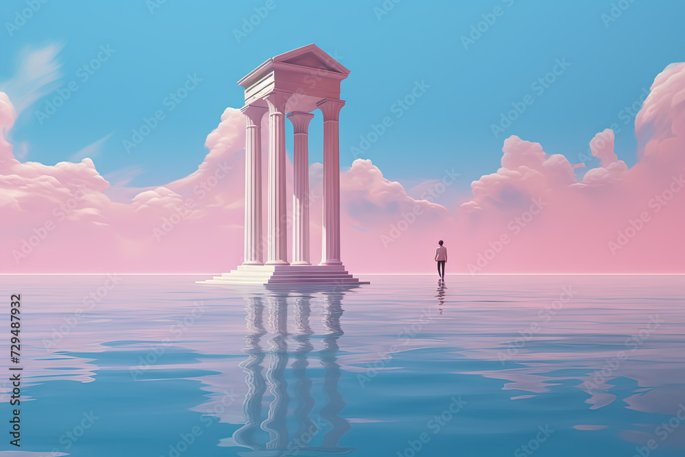 Poster surreal vaporwave landscape with abstract architecture elements on the water. dreamy landscape