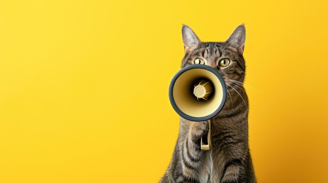 Cat holding megaphone. Art concept design. Minimal advertising background.Generative AI