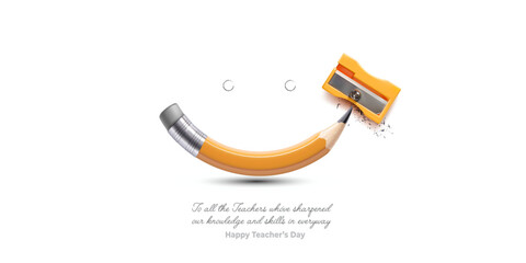 Vector illustration of pencil and sharpener creative concept in smile shape for educational, national science, technology, teacher, day.