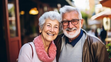 An older, middle-aged couple is happy, having fun and laughing outdoor