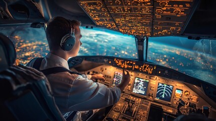 pilot of a passenger aircraft sits in the cockpit - obrazy, fototapety, plakaty