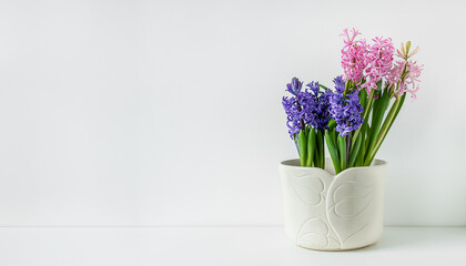 Blooming hyacinth in a white flowerpot, springtime look and home gardening concept with copy space