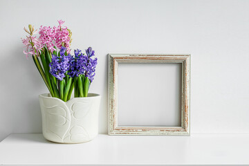 Wooden mock up photo frame and blooming hyacinth on a white table background