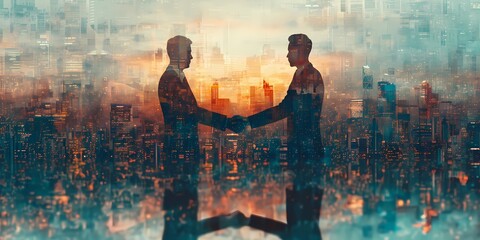 A symbol of progress and collaboration, two individuals seal their partnership amidst the towering skyscrapers of the bustling city, a beautiful blend of art and ambition