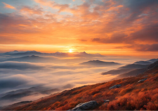 Spectacular sunrise over mountain range under mist in the morning light. Colorful clouds in orange sky. Amazing nature scenery background. Tourism and travel concept image. Copy space.