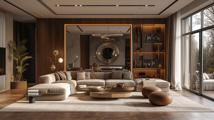 A sophisticated living room with a single, statement furniture piece, framed by uncluttered spaces and large, strategically placed mirrors.  - obrazy, fototapety, plakaty
