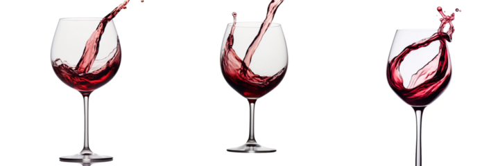 Set of a glass of red wine with slow pouring motion half full, on a Transparent Background
