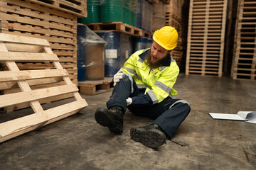 Mechanical engineer or businessman injured kneel pain at pallets warehouse	