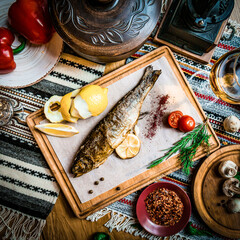 Turkish or Greek restaurant table and food dinner cuisine culture from top view. Traditional Greek...