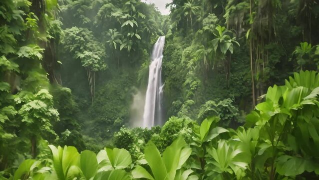 Dark Background With White Dots and Lines, Lush, vibrant jungle foliage with a waterfall in the distance., AI Generated