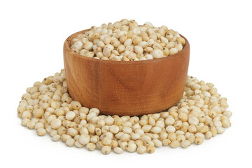 Sorghum seeds in wooden bowl isolated on white background with full depth of field.