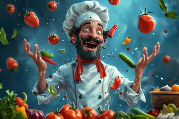 A whimsical painting of a chef hurling vibrant fruits and vegetables, their human face contorted with determination and artistry, capturing the essence of culinary creativity and the beauty of produc
