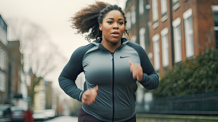 Afro-haired woman in workout attire runs, determined to achieve fitness goals.