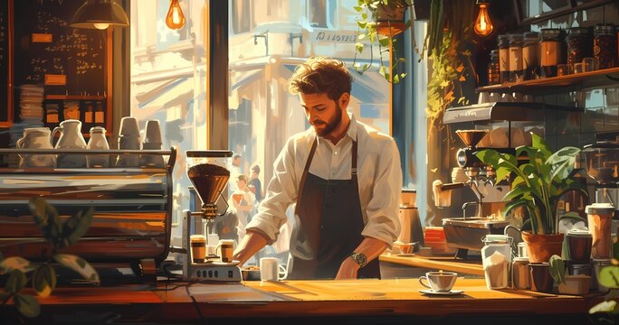 A solitary figure stands at the counter of a bustling coffee shop, their stylish clothing contrasting with the rustic building and tables, providing a glimpse into the lively street outside and the b