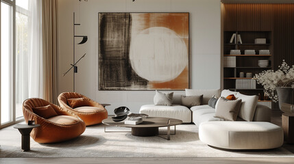 The serenity of a living room adorned with a single piece of abstract art, accentuated by the simplicity of modern furniture. 