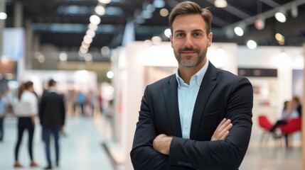 Positive Businessman against the backdrop of a modern exhibition stand - obrazy, fototapety, plakaty