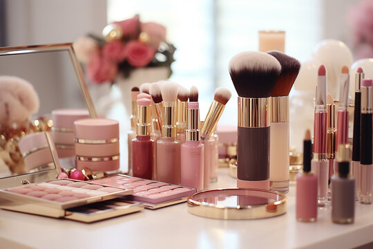 Beautiful makeup products on table in room, closeup. Professional cosmetics