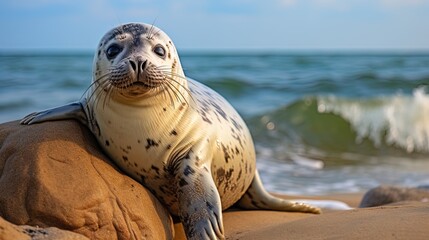Caring for marine animals: salvation and rehabilitation of seals on the shore - obrazy, fototapety, plakaty