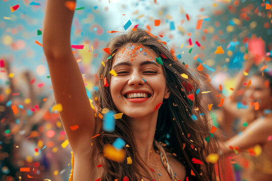 A smiling woman with face paint and confetti in her hair, surrounded by falling confetti.