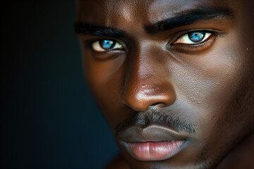 Extreme Close-Up Image of a handsome black man with blue eyes