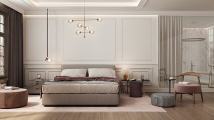 The bedroom interior is designed in a modern classic style with a large bed and ornaments on the walls. In the background you can see the bathroom separated by a glass wall and a curtain. 3D render.
