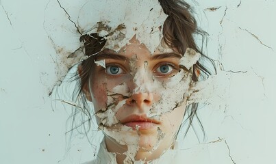 A shattered reflection of the human face captured in a striking art piece, a sketch-like portrait painted with raw emotion and a broken glass symbolizing the fragility of the subject's inner turmoil
