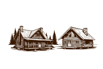 vintage cozy wooden cabin silhouette 
