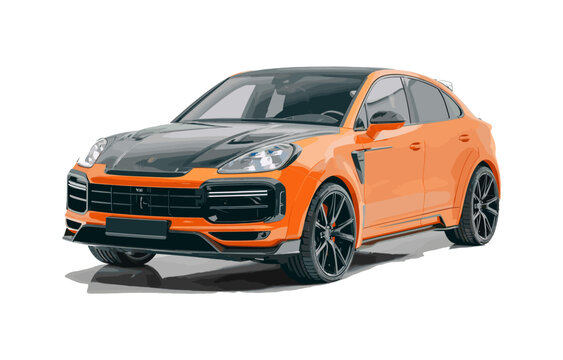 orange car with black hood, side view