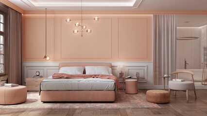 The bedroom interior is designed in a modern classic style with a large bed and ornaments on the walls. In the background you can see the bathroom separated by a glass wall and a curtain. 3D render.
