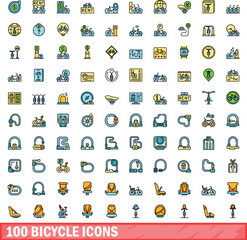 100 bicycle icons set. Color line set of bicycle vector icons thin line color flat on white