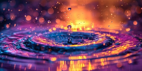 A colorful water drop floats in the middle of a pool of water