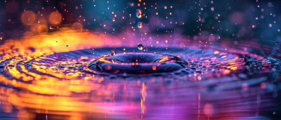 A colorful water drop floats in the middle of a pool of water