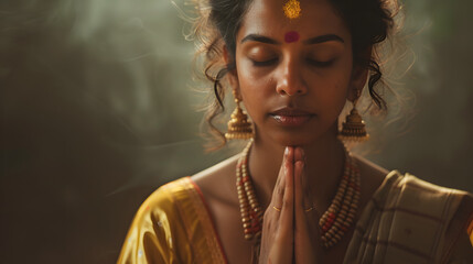 a beautiful tamil woman , hands in prayer , eyes closed