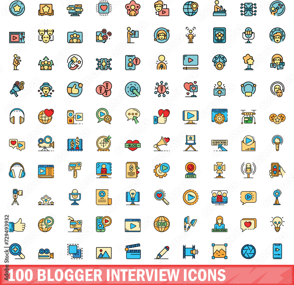 Poster 100 blogger interview icons set. color line set of blogger interview vector icons thin line color fl