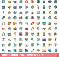 100 blogger interview icons set. Color line set of blogger interview vector icons thin line color flat on white