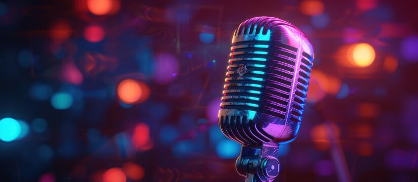 Microphone with illuminated neon lights on a dark background.AI generated image