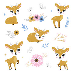 Illustration of cute deer, fawn. Baby, child, cute portrait. Little face, little animal, pet. Brown character, colorful graphic. Stickers, wall art, kids room decoration, cutie full face, small fawn