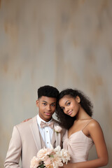 Elegant Prom Night: Young Couple in Coordinated Attire with Flowers, Open Empty Copy Space for Text within a Poster, Invitation or Announcement, Fill in the blank, Vertical Portrait
