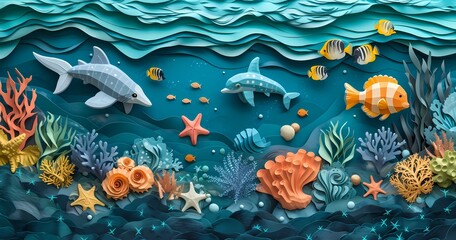 Fototapeta na wymiar Delicately crafted from paper, a mesmerizing sea creature emerges from the depths of the aquarium, capturing the wonder and complexity of marine life in one intricate cut-out