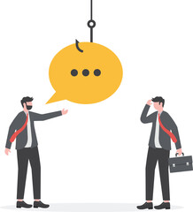 Liar, dishonesty colleague, cheating boss lying about work advantage, fraud or illegal and corruption, message trap concept, dishonesty businessman lying to coworker with fishing bait on speech bubble