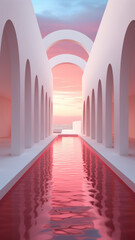 Surreal pink sunset reflecting on water between arched white buildings