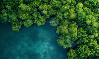 aerial view of mangrove forest. top capture bird eye drone.