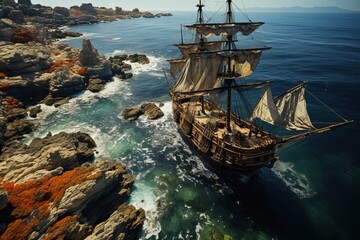 A large ship with sails, an old type of ship stands on the shoals of the sea near the beach, top view of the ship. Pirate ship sailing on the ocean.