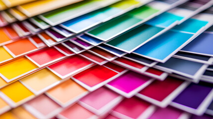 Color pallet close-up. Spectrum of paint colors in sharp focus for a design concept. Dynamic angle of color swatches in a vivid, overlapping layout. Decorator color palette with vivid color samples
