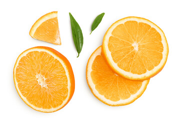 Orange fruit slices isolated on white background. Top view. Flat lay.