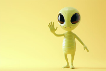 A 3d cartoon character of a friendly alien waving to the camera. 3D render style