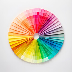 Round color pallet on white background. Circle of color samples represents spectrum unity. Colorful wheel showing the relationship of hues. Complete color wheel displaying a harmonious palette